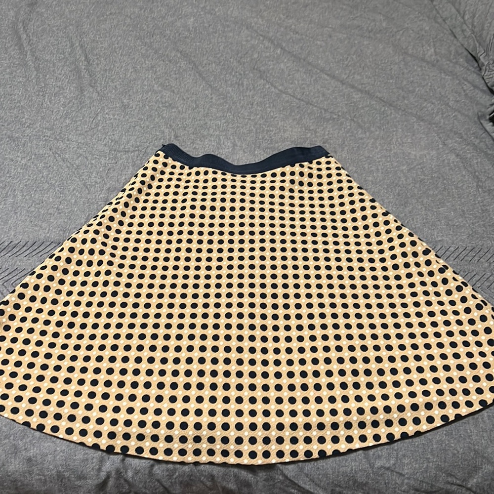 A-line tan, navy blue ,and white polka dot skirt